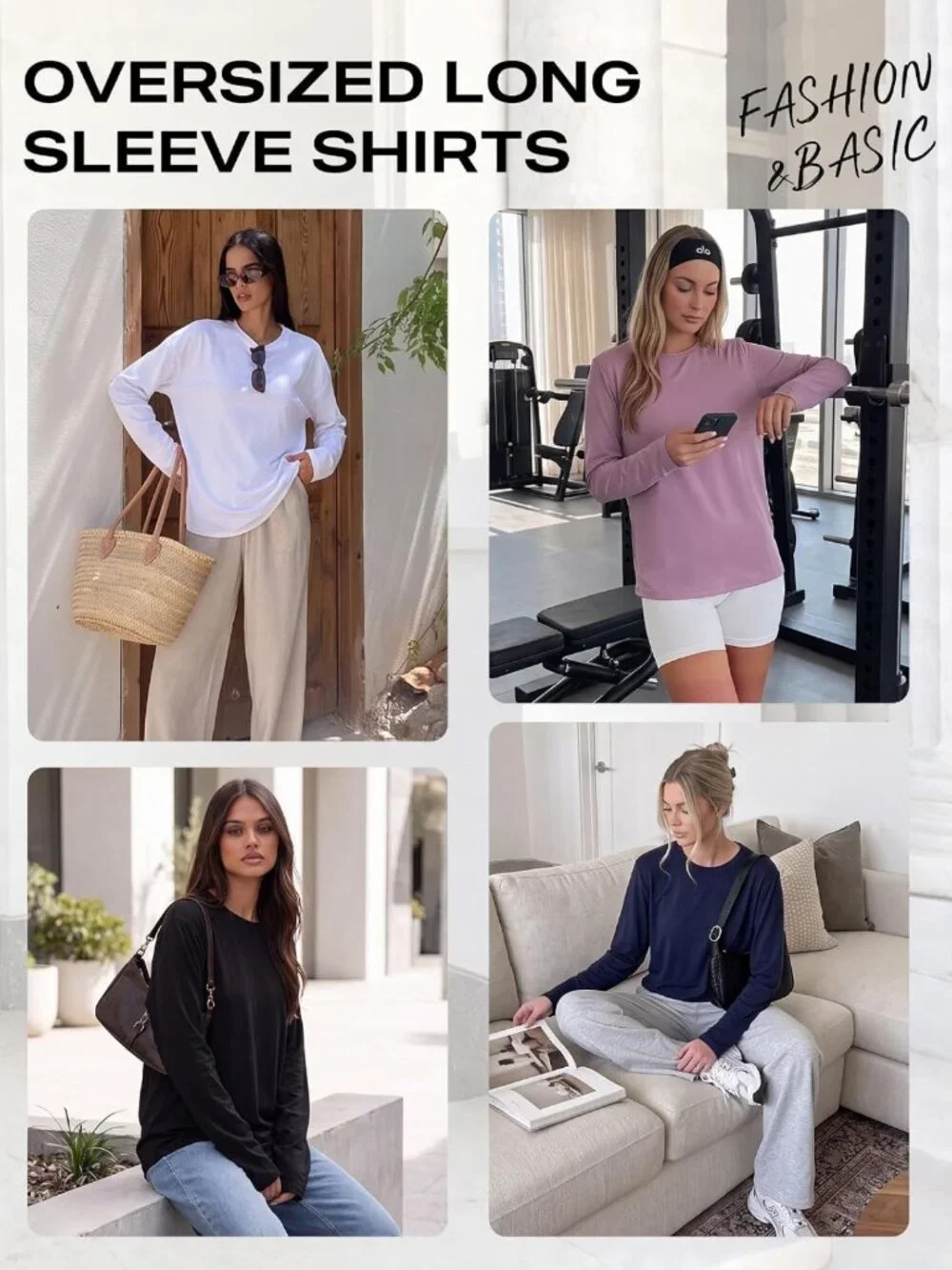 Oversized Long Sleeve Workout Tops for Women - 3 Pack Loose Fit Casual Shirts